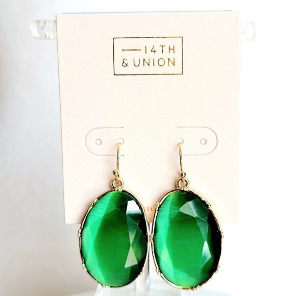 14th & Union Green Moonglow Glass Earrings Gold Tone Statement Drop Dangle NEW - Picture 1 of 4